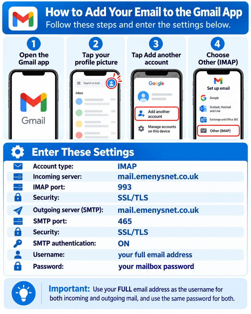 How to add your Emenys Web Solutions email account to the Gmail app